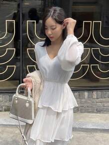 DAZY Bishop Sleeve Maxi Layered Dress - White - View 5