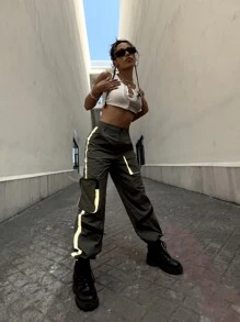 Quần nữ Nút Túi Dây kéo Sọc bên Khối Màu Thể thao - Màu xám đen - Xem 1