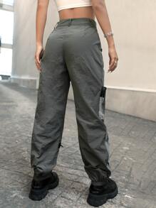 Quần nữ Nút Túi Dây kéo Sọc bên Khối Màu Thể thao - Màu xám đen - Xem 2