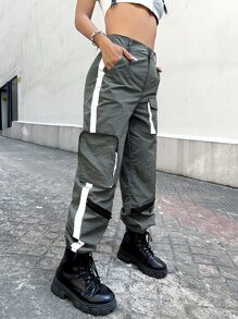 Quần nữ Nút Túi Dây kéo Sọc bên Khối Màu Thể thao - Màu xám đen - Xem 5