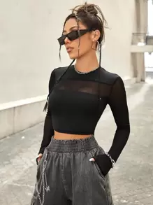 SHEIN ICON Black Gorpcore Contrast Mesh Crop Tee - Black - View 1