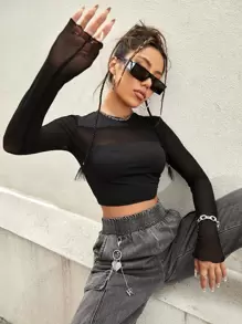 SHEIN ICON Black Gorpcore Contrast Mesh Crop Tee - Black - View 3