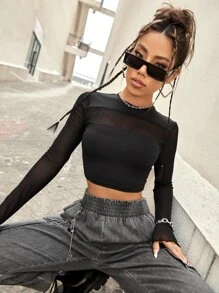 SHEIN ICON Black Gorpcore Contrast Mesh Crop Tee - Black - View 5