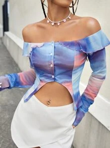 SHEIN ICON Tie Dye Off Shoulder Asymmetrical Hem Top - Multicolor - View 2