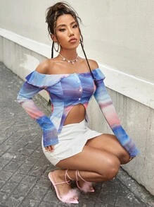 SHEIN ICON Tie Dye Off Shoulder Asymmetrical Hem Top - Multicolor - View 4