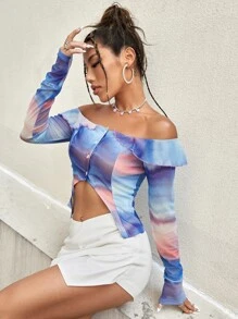 SHEIN ICON Tie Dye Off Shoulder Asymmetrical Hem Top - Multicolor - View 6