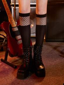 ROMWE Grunge Punk Kpop Cut Out Over The Calf Socks - Black - View 2