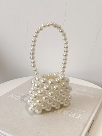 1 pieza Bolso de mano con boca abierta, decorado con perlas hecho a mano, en unicolor y lindo, adecuado para decoración de vacaciones