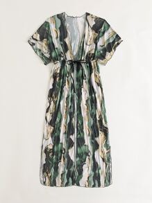 SHEIN Swim Kimono Nữ Xù nhỏ Chia Thắt nơ trước Tất cả trên in Boho - Nhiều màu - Xem 5