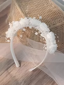 1 chiếc băng đô thời trang nữ thanh lịch, duyên dáng hình hoa hồng trắng đính ngọc trai giả, thích hợp cho sử dụng hàng ngày, lễ hội, đám cưới, tiệc tùng, họp mặt. Phụ kiện tóc, băng đô làm đẹp tại nhà. - trắng - Xem 1