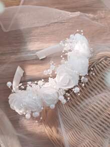 1 chiếc băng đô thời trang nữ thanh lịch, duyên dáng hình hoa hồng trắng đính ngọc trai giả, thích hợp cho sử dụng hàng ngày, lễ hội, đám cưới, tiệc tùng, họp mặt. Phụ kiện tóc, băng đô làm đẹp tại nhà. - trắng - Xem 2