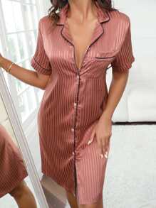 條紋圖案拼接滾邊緞面睡裙 - 乾枯玫瑰色 - 查看 1