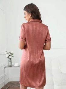 條紋圖案拼接滾邊緞面睡裙 - 乾枯玫瑰色 - 查看 3