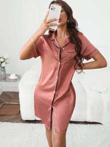 條紋圖案拼接滾邊緞面睡裙 - 乾枯玫瑰色 - 查看 5