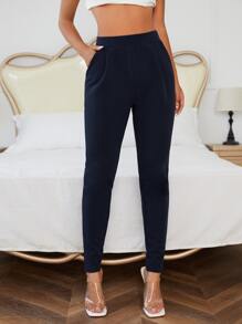 SHEIN Essnce 净色斜口袋紧身裤 - 藏蓝色 - 查看 4