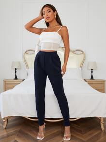 SHEIN Essnce 净色斜口袋紧身裤 - 藏蓝色 - 查看 5