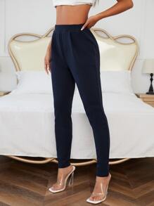 SHEIN Essnce 净色斜口袋紧身裤 - 藏蓝色 - 查看 6