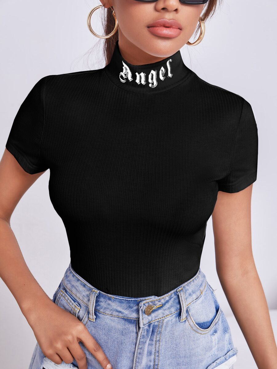 SHEIN Essnce Letter Print Stand Collar Short Sleeve T-shirt - Black - View 1