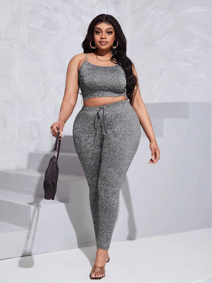 Slaydiva Bộ thời trang Plus Size Thắt nút màu trơn Giải trí - Xám - Xem 1