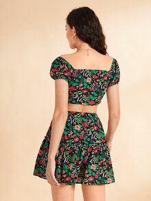11cusps Floral Print Puff Sleeve Knot Front Crop Top & Ruffle Hem Skirt - Multicolor - View 2