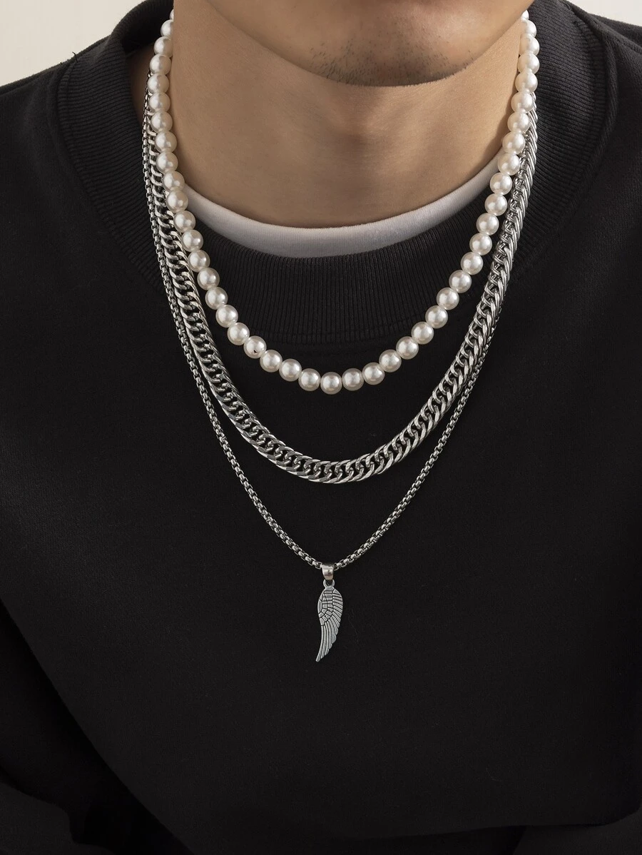 3pcs Men Faux Pearl Decor Necklace - Multicolor - View 1