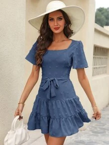 SHEIN VCAY Vestido con cinturón de lunares bajo con fruncido - Neblina azul - Ver 8