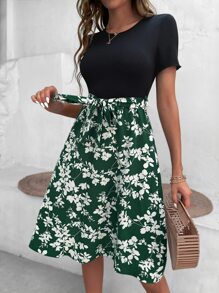 SHEIN LUNE Floral Print Belted Dress - Multicolor - View 1