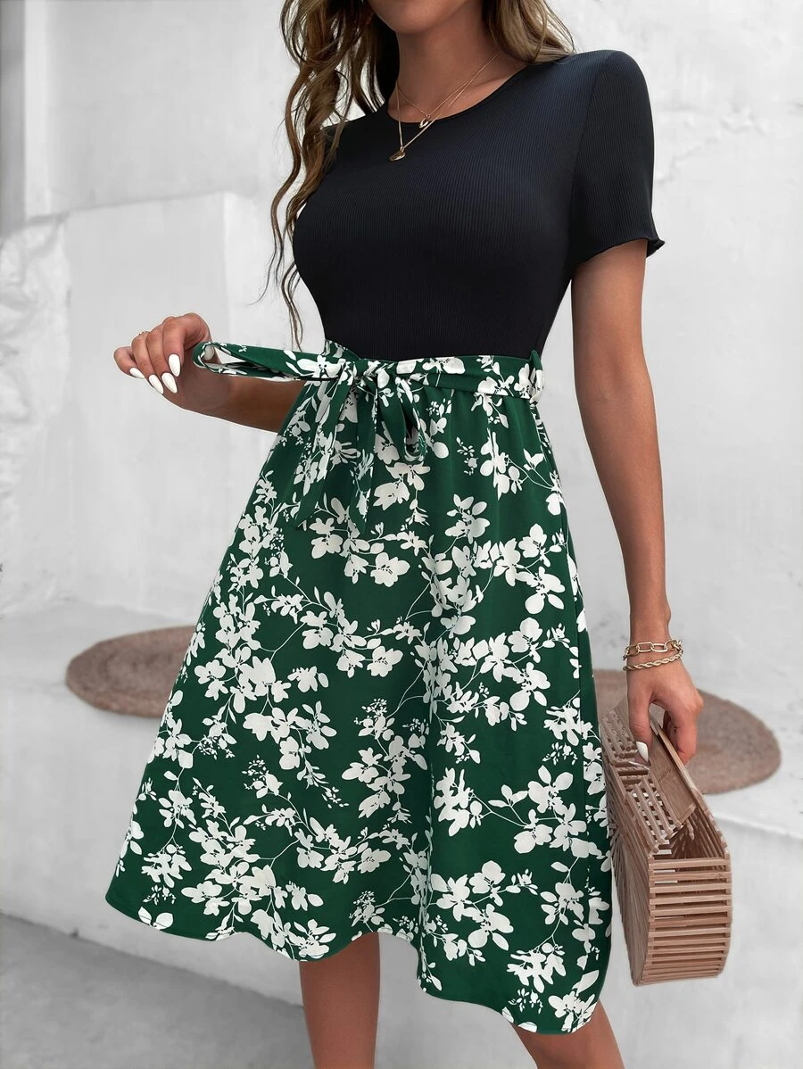 SHEIN LUNE Floral Print Belted Dress - Multicolor - View 1
