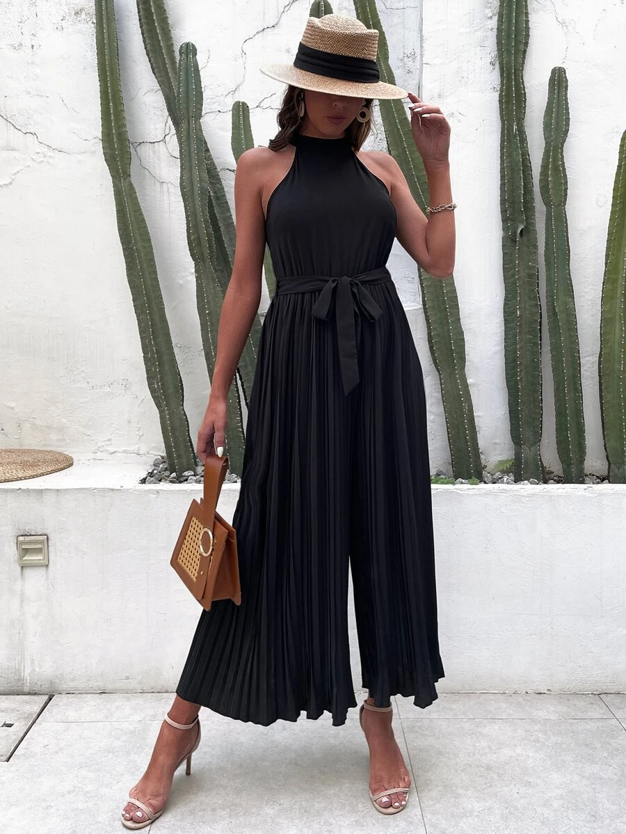 SHEIN VCAY Áo liền quần nữ Thắt lưng Xếp li Dây kéo màu trơn Boho - màu đen - Xem 1