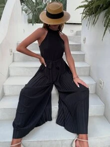 SHEIN VCAY Áo liền quần nữ Thắt lưng Xếp li Dây kéo màu trơn Boho - màu đen - Xem 3
