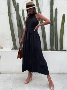 SHEIN VCAY Áo liền quần nữ Thắt lưng Xếp li Dây kéo màu trơn Boho - màu đen - Xem 4