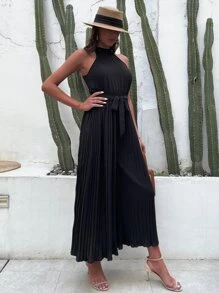 SHEIN VCAY Áo liền quần nữ Thắt lưng Xếp li Dây kéo màu trơn Boho - màu đen - Xem 5