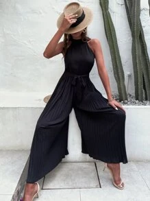 SHEIN VCAY Áo liền quần nữ Thắt lưng Xếp li Dây kéo màu trơn Boho - màu đen - Xem 6