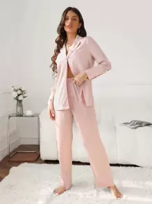 Solid Lapel Collar Patch Pocket Satin Blouse & Pants PJ Set / Pajama Set, Fall Winter Clothes - Baby Pink - View 3