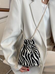 Bolso Diagonal Para Niños Con Correa Ajustable, Bolso De Almacenamiento Con Cordón, Bolso Casual Mini Mensajero De Lona Con Patrón De Cuadros, Bolso Cruzado Ligero Para Negocios Casuales, Mini Bolso Para Adolescentes Con Patrón De Rayas De Cebra, Diseño De Cordón Y Cubo Para Mujeres Estudiantes Universitarias, Novatas Y Trabajadoras Con Cuello Blanco, Perfecto Para La Oficina, La Universidad, El Trabajo, Los Negocios Y El Transporte.