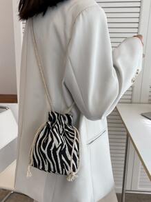 Bolso Diagonal Para Niños Con Correa Ajustable, Bolso De Almacenamiento Con Cordón, Bolso Casual Mini Mensajero De Lona Con Patrón De Cuadros, Bolso Cruzado Ligero Para Negocios Casuales, Mini Bolso Para Adolescentes Con Patrón De Rayas De Cebra, Diseño De Cordón Y Cubo Para Mujeres Estudiantes Universitarias, Novatas Y Trabajadoras Con Cuello Blanco, Perfecto Para La Oficina, La Universidad, El Trabajo, Los Negocios Y El Transporte.