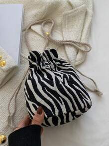 Bolso Diagonal Para Niños Con Correa Ajustable, Bolso De Almacenamiento Con Cordón, Bolso Casual Mini Mensajero De Lona Con Patrón De Cuadros, Bolso Cruzado Ligero Para Negocios Casuales, Mini Bolso Para Adolescentes Con Patrón De Rayas De Cebra, Diseño De Cordón Y Cubo Para Mujeres Estudiantes Universitarias, Novatas Y Trabajadoras Con Cuello Blanco, Perfecto Para La Oficina, La Universidad, El Trabajo, Los Negocios Y El Transporte.