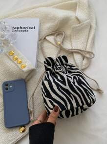 Bolso Diagonal Para Niños Con Correa Ajustable, Bolso De Almacenamiento Con Cordón, Bolso Casual Mini Mensajero De Lona Con Patrón De Cuadros, Bolso Cruzado Ligero Para Negocios Casuales, Mini Bolso Para Adolescentes Con Patrón De Rayas De Cebra, Diseño De Cordón Y Cubo Para Mujeres Estudiantes Universitarias, Novatas Y Trabajadoras Con Cuello Blanco, Perfecto Para La Oficina, La Universidad, El Trabajo, Los Negocios Y El Transporte.