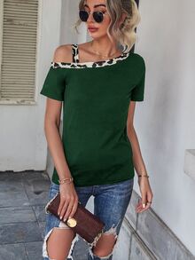 Camiseta ribete en contraste de cuello asimétrico - Verde Oscuro - Ver 3