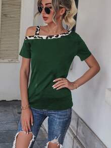 Camiseta ribete en contraste de cuello asimétrico - Verde Oscuro - Ver 4