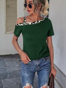 Camiseta ribete en contraste de cuello asimétrico - Verde Oscuro - Ver 5