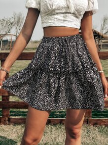 SHEIN VCAY 高腰斑點印花荷葉邊前打結半身裙 - 黑與白 - 查看 4