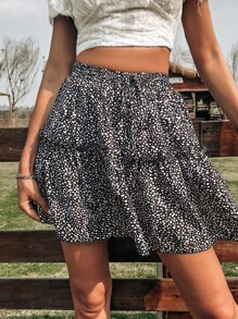 SHEIN VCAY 高腰斑點印花荷葉邊前打結半身裙 - 黑與白 - 查看 6