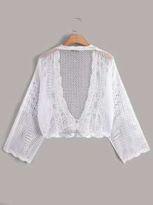 Breezaya áo hở cổ kích thước lớn cắt Thắt nơ trước màu trơn Giải trí - trắng - Xem 2