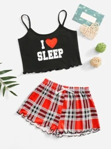 Tween Girl Letter And Plaid Lettuce Trim PJ Set - Multicolor - View 1