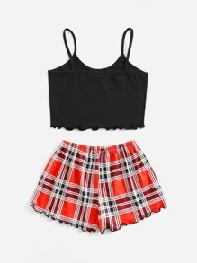 Tween Girl Letter And Plaid Lettuce Trim PJ Set - Multicolor - View 2