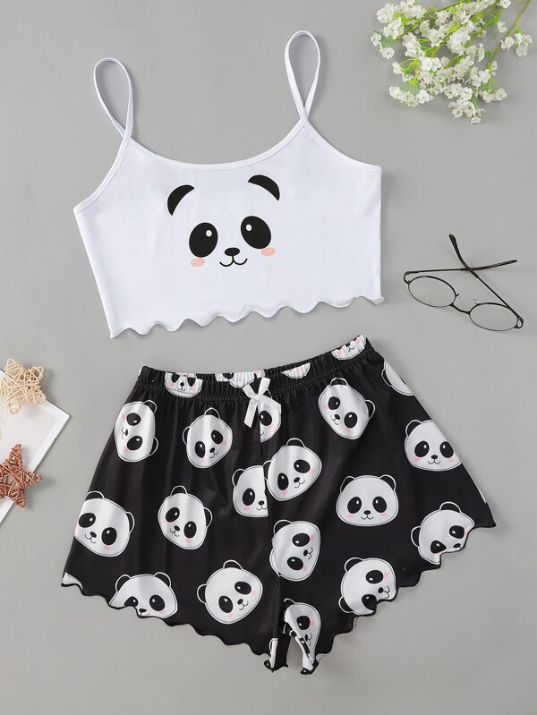 Panda Print Lettuce Edge Cami Top And Shorts PJ Set / Pajama Set