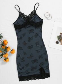 Contrast Lace Floral Print Cami Dress - Dark Grey - View 1