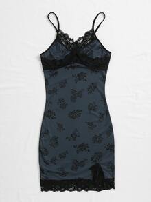 Contrast Lace Floral Print Cami Dress - Dark Grey - View 3