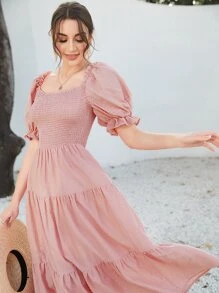 Mulvari Swiss Dot Puff Sleeve Shirred Ruffle Hem Dress - Dusty Pink - View 1